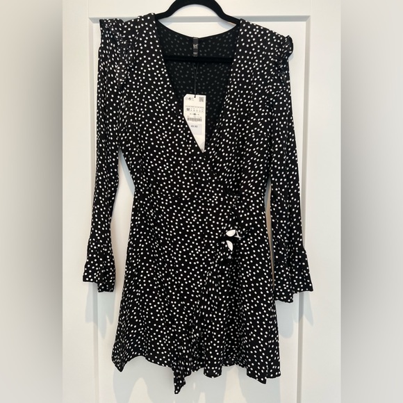 Zara Black White Polka Dot Ruffle Romper Dress - Picture 3 of 9